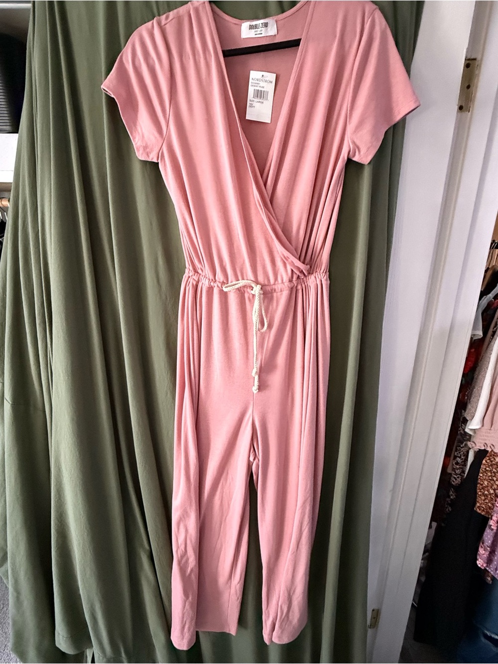 Double Zero Dusty Pink Short-Sleeve Wrap Jumpsuit sz L NWT